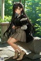 A girl with long black hair sitting on a stone bench.